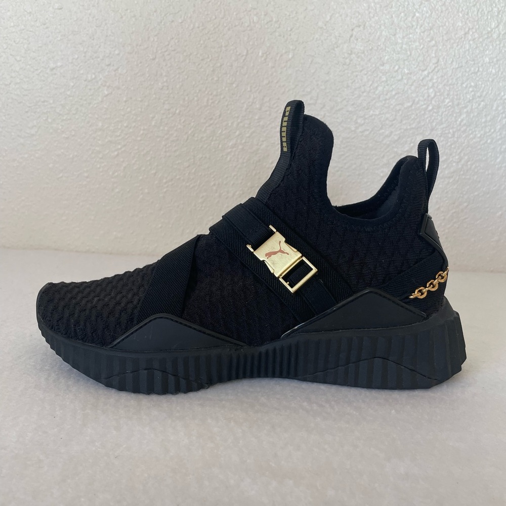 Puma Women’s Size 6 Black & Gold Defy Mid Sneaker | Slip-On Knit Trainer